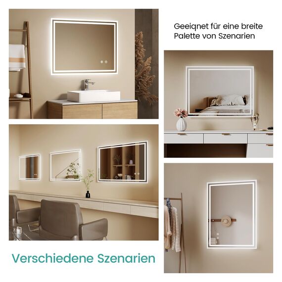 EMKE Badspiegel mit Beleuchtung 70x50 cm, kaltweiß dimmbar, beschlagfrei, Touch, Speicherfunktion, 3-Stunden-Autoabschaltung, IP44, energiesparender Badezimmerspiegel