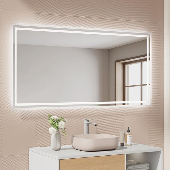 EMKE Badspiegel mit Beleuchtung 120x60 cm, 2 Lichtfarben (Warmweiß/Kaltweiß), beschlagfrei, Druckschalter, IP44, energiesparend, horizontal und vertikal montierbar – moderner Badezimmerspiegel