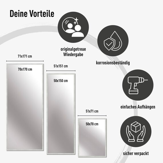 nielsen HOME Wandspiegel, 70 x 170 cm, Aluminium, Silber matt, Ganzkörperspiegel für alle Wohnbereiche, Hoch- & Querformat, anpassbare Aufhänger, Star