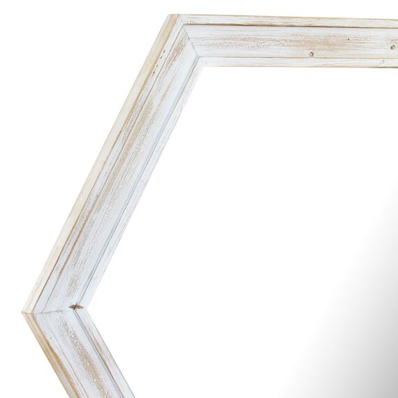 Stonebriar Decorative 24" Hexagon Hanging Wall Mirror with Worn White Painted Wood Frame and Attached Hanging Bracket