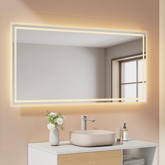 EMKE Badspiegel mit Beleuchtung 120x60 cm, 2 Lichtfarben (Warmweiß/Kaltweiß), beschlagfrei, Druckschalter, IP44, energiesparend, horizontal und vertikal montierbar – moderner Badezimmerspiegel