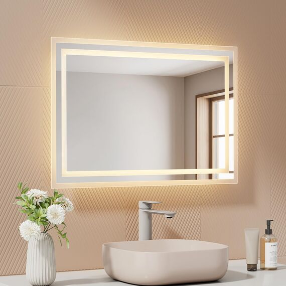 EMKE Badspiegel mit Beleuchtung 60x40 cm, 2 Lichtfarben (Warmweiß/Kaltweiß), beschlagfrei, Druckschalter, IP44, energiesparend, horizontal und vertikal montierbar – moderner Badezimmerspiegel