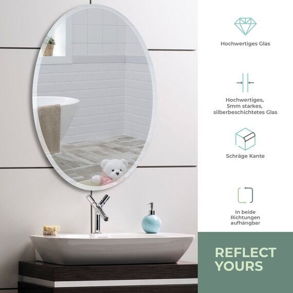Neue Design Mood® Premium Oval Bathroom Mirror, Wall Mounted Bevelled Frameless Mirrors, Hangs Both Ways, Toilet Bedroom Hallway, (70cm x 50cm)
