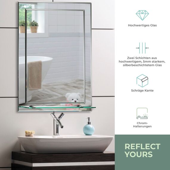 Schöner rechteckiger Badezimmerspiegel mit Ablage, modern und stylish, 2 Lagen Glass, mit abgerundeten Kanten, Wandbefestigung, Badspiegel, Wandspiegel, abgeschrägte Kante, Spiegel 70cm X 50cm