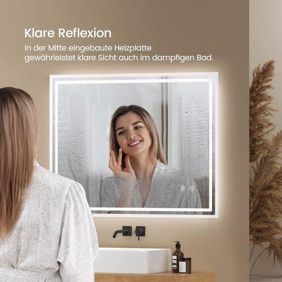 EMKE LED Badspiegel 90x70cm Badezimmerspiegel mit Beleuchtung kaltweiß Lichtspiegel Wandspiegel mit Touchschalter + beschlagfrei IP44 energiesparend