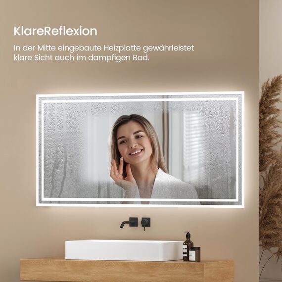 EMKE Badspiegel mit Beleuchtung 120x60 cm, 2 Lichtfarben (Warmweiß/Kaltweiß), beschlagfrei, Druckschalter, IP44, energiesparend, horizontal und vertikal montierbar – moderner Badezimmerspiegel