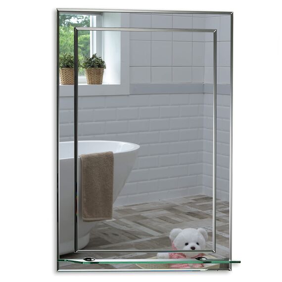 Schöner rechteckiger Badezimmerspiegel mit Ablage, modern und stylish, 2 Lagen Glass, mit abgerundeten Kanten, Wandbefestigung, Badspiegel, Wandspiegel, Spiegel 60cm X 43cm