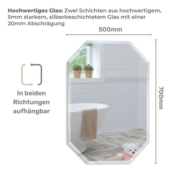 Neue Design Schöner achteckiger Badezimmerspiegel, modern und stylish, mit abgerundeten Kanten, Wandbefestigung, Badspiegel, Wandspiegel, Spiegel 70cm X 50cm