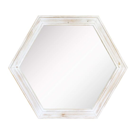 Stonebriar Decorative 24" Hexagon Hanging Wall Mirror with Worn White Painted Wood Frame and Attached Hanging Bracket