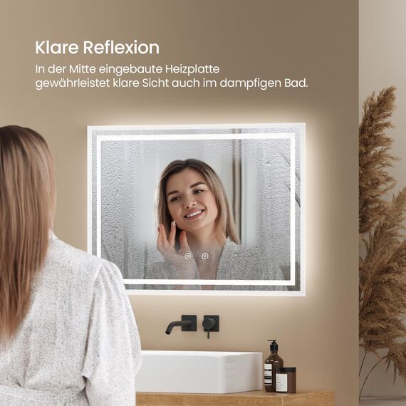 EMKE LED Badspiegel 80x60 cm mit Bewegungssensor, 3 dimmbare Lichtfarben, beschlagfrei, Touch, automatische Abschaltung nach 1 Stunde, IP44, energiesparender Badezimmerspiegel