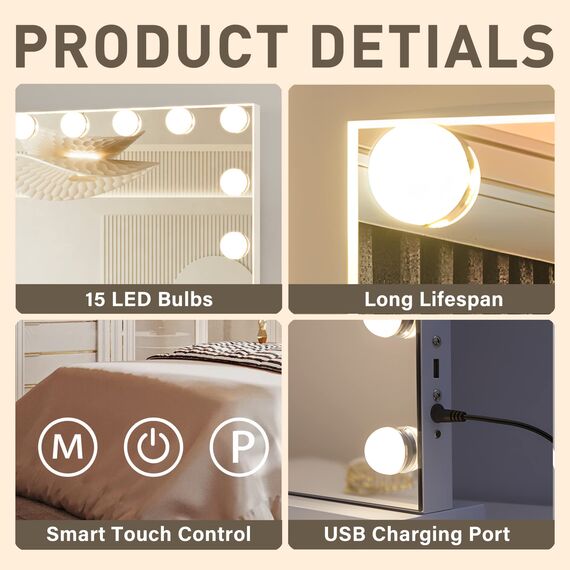 CASSILANDO Eitelkeitsspiegel mit Lichtern Hollywood Make-up Spiegel, großer Eitelkeits beleuchteter Spiegel mit 15 LED Lampen, mit 3 Farbmodi für Schlafzimmer, Tisch oder Wand montiert, 58x46cm