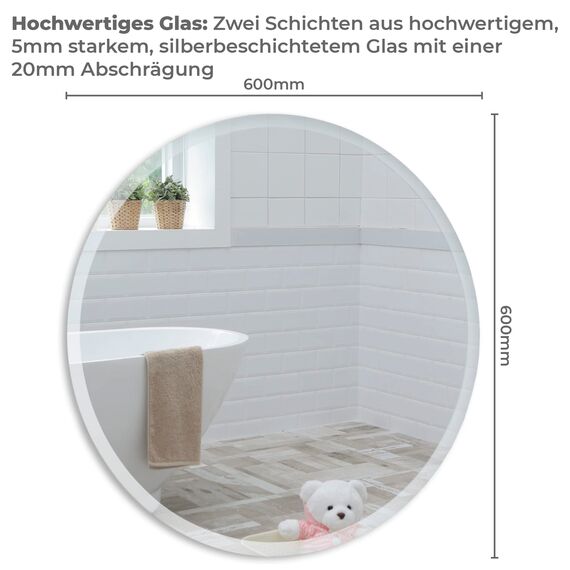Neue Design Schöner runder Badezimmerspiegel, modern und stylish, mit abgerundeten Kanten, Wandbefestigung, Badspiegel, Wandspiegel, Spiegel 60cm x 60cm