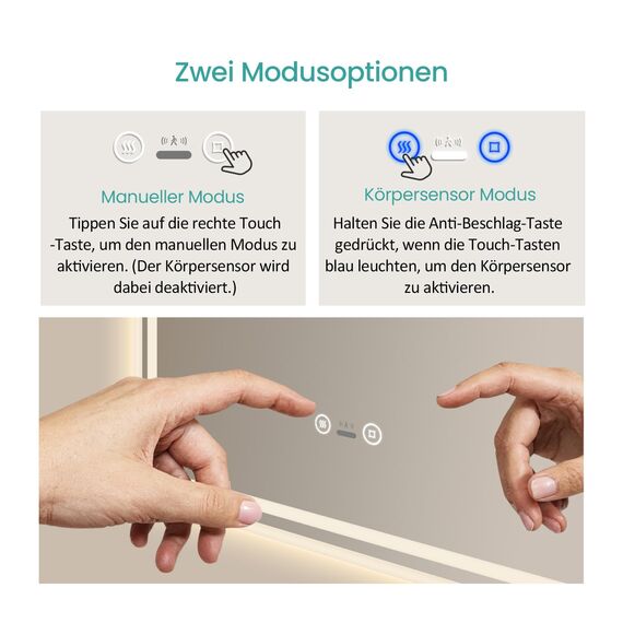 EMKE LED Badspiegel 70x50 cm mit Bewegungssensor, 3 dimmbare Lichtfarben, beschlagfrei, Touch, automatische Abschaltung nach 1 Stunde, IP44, energiesparender Badezimmerspiegel