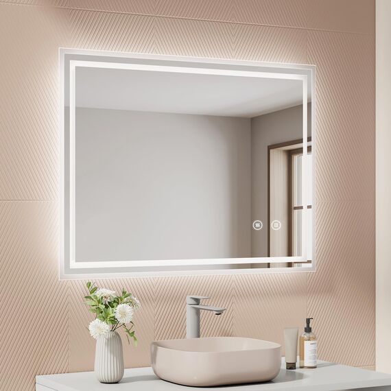 EMKE LED Badspiegel 90x70cm Badezimmerspiegel mit Beleuchtung kaltweiß Lichtspiegel Wandspiegel mit Touchschalter + beschlagfrei IP44 energiesparend