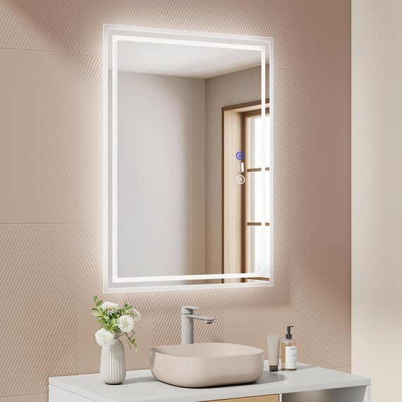 EMKE LED Badspiegel 80x60 cm mit Bewegungssensor, 3 dimmbare Lichtfarben, beschlagfrei, Touch, automatische Abschaltung nach 1 Stunde, IP44, energiesparender Badezimmerspiegel