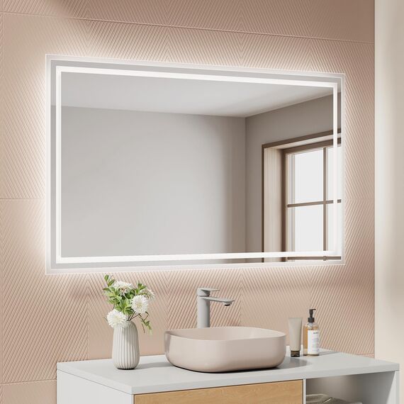 EMKE Badspiegel mit Beleuchtung 100x60 cm, 2 Lichtfarben (Warmweiß/Kaltweiß), beschlagfrei, Druckschalter, IP44, energiesparend, horizontal und vertikal montierbar – moderner Badezimmerspiegel