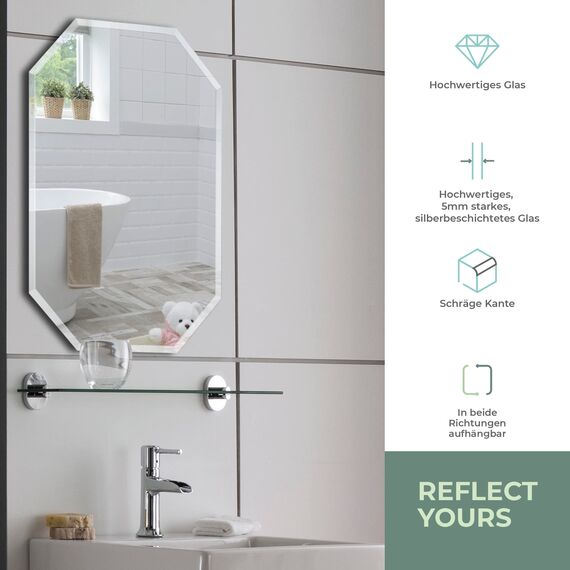 Neue Design Schöner achteckiger Badezimmerspiegel, modern und stylish, mit abgerundeten Kanten, Wandbefestigung, Badspiegel, Wandspiegel, Spiegel 70cm X 50cm