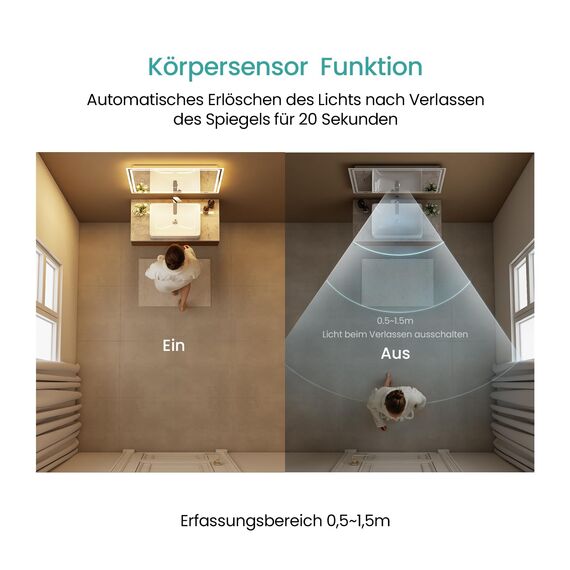 EMKE LED Badspiegel 70x50 cm mit Bewegungssensor, 3 dimmbare Lichtfarben, beschlagfrei, Touch, automatische Abschaltung nach 1 Stunde, IP44, energiesparender Badezimmerspiegel
