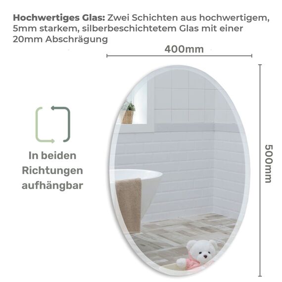 Neue Design Mood® Premium Oval Bathroom Mirror, Wall Mounted Bevelled Frameless Mirrors, Hangs Both Ways, Toilet Bedroom Hallway, (50cm x 40cm)