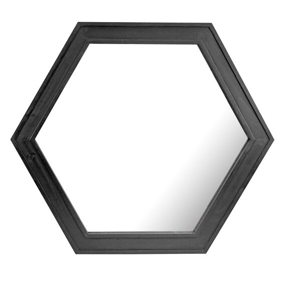 Stonebriar Decorative 24" Hexagon Hanging Wall Mirror with Black Painted Wood Frame and Attached Hanging Bracket