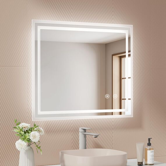 EMKE Badspiegel mit Beleuchtung 60x50 cm, kaltweiß dimmbar, beschlagfrei, Touch, Speicherfunktion, 3-Stunden-Autoabschaltung, IP44, energiesparender Badezimmerspiegel