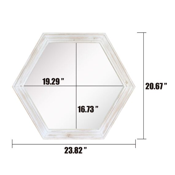 Stonebriar Decorative 24" Hexagon Hanging Wall Mirror with Worn White Painted Wood Frame and Attached Hanging Bracket
