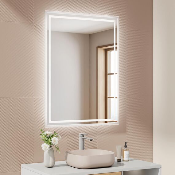 EMKE Badspiegel mit Beleuchtung 80x60 cm, 2 Lichtfarben (Warmweiß/Kaltweiß), beschlagfrei, Druckschalter, IP44, energiesparend, horizontal und vertikal montierbar – moderner Badezimmerspiegel