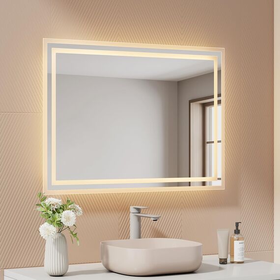 EMKE Badspiegel mit Beleuchtung 70x50 cm, 2 Lichtfarben (Warmweiß/Kaltweiß), beschlagfrei, Druckschalter, IP44, energiesparend, horizontal und vertikal montierbar – moderner Badezimmerspiegel