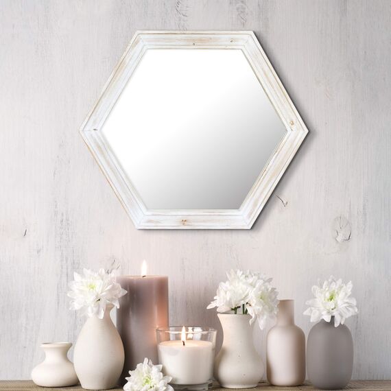 Stonebriar Decorative 24" Hexagon Hanging Wall Mirror with Worn White Painted Wood Frame and Attached Hanging Bracket