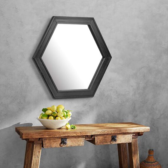 Stonebriar Decorative 24" Hexagon Hanging Wall Mirror with Black Painted Wood Frame and Attached Hanging Bracket