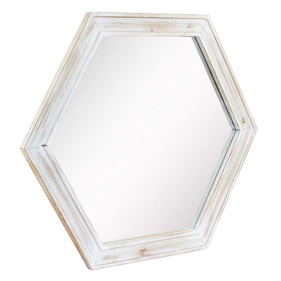 Stonebriar Decorative 24" Hexagon Hanging Wall Mirror with Worn White Painted Wood Frame and Attached Hanging Bracket