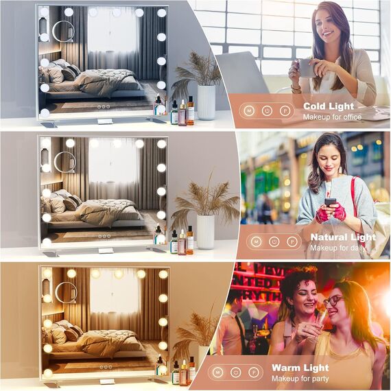 Hollywood Eitelkeitsspiegel mit Lichtern, großer beleuchteter Schminkspiegel mit 3 Farbmodi, 14 dimmbare Led-Lampen, intelligente Touchscreen-Steuerung,Tisch- oder Wandspiegel für Schlafzimmer