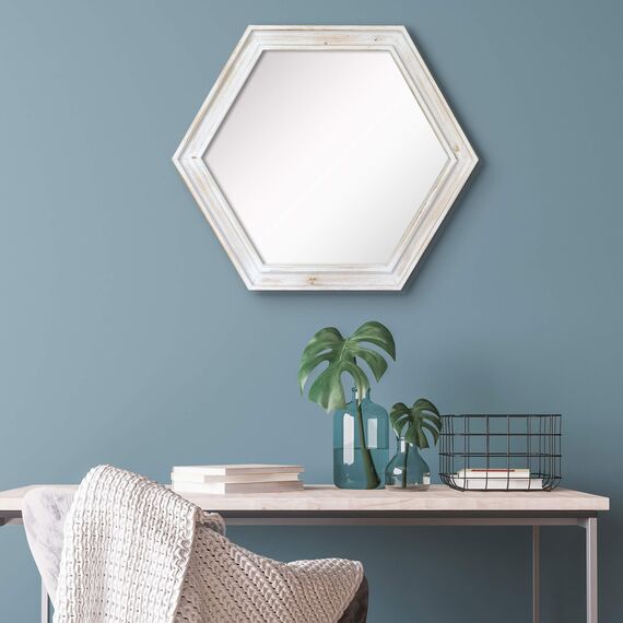 Stonebriar Decorative 24" Hexagon Hanging Wall Mirror with Worn White Painted Wood Frame and Attached Hanging Bracket