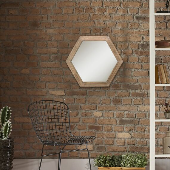 Stonebriar Decorative 24" Hexagon Hanging Wall Mirror with Natural Wood Frame and Attached Hanging Bracket