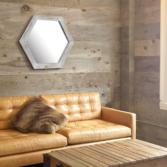 Stonebriar Decorative 24" Hexagon Hanging Wall Mirror with Worn White Painted Wood Frame and Attached Hanging Bracket