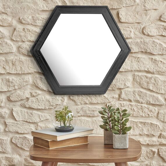 Stonebriar Decorative 24" Hexagon Hanging Wall Mirror with Black Painted Wood Frame and Attached Hanging Bracket