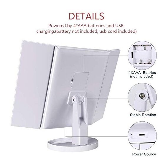 Nestling Make-up-Spiegel mit LED-Lichtern, 21 LED-Lichtern, Kosmetikspiegel mit Touchscreen, Vergrößerung dreifach faltbar, 180 ° freie Drehung, Dual-Netzteil LED-Spiegel (weiß)