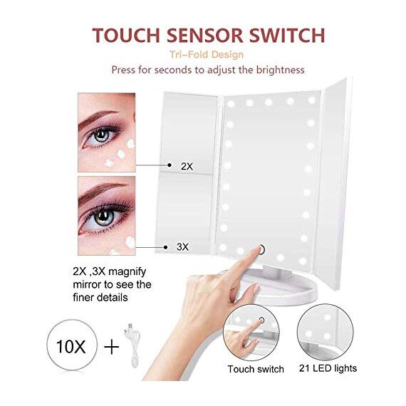 Nestling Make-up-Spiegel mit LED-Lichtern, 21 LED-Lichtern, Kosmetikspiegel mit Touchscreen, Vergrößerung dreifach faltbar, 180 ° freie Drehung, Dual-Netzteil LED-Spiegel (weiß)