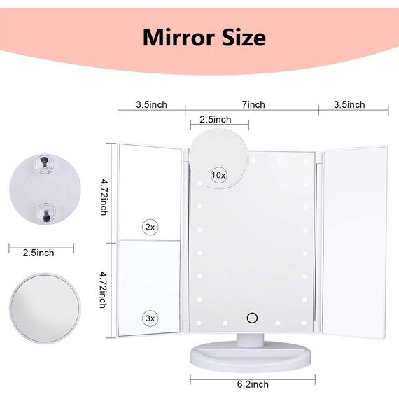 Nestling Make-up-Spiegel mit LED-Lichtern, 21 LED-Lichtern, Kosmetikspiegel mit Touchscreen, Vergrößerung dreifach faltbar, 180 ° freie Drehung, Dual-Netzteil LED-Spiegel (weiß)