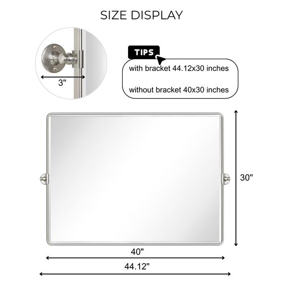 TEHOME 101,6 x 76,2 cm, Gebürstet Nickel, Horizontal, Pivot Spiegel, 76,2 x 101,6 cm, Metallrahmen, Rechteck, Schwenkbar, Abgeschrägt, Vanity Spiegel für Wand