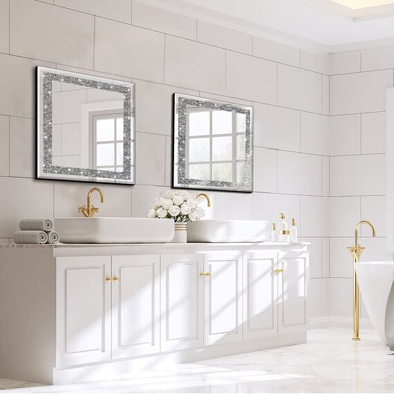 qmdecor Glänzender quadratischer Spiegel mit geschliffenen Diamanten, zur Wanddekoration, 50,8 x 50,8 x 2,5 cm, Rahmenlos, elegant, schön, glamouröser Spiegel für die Heimdekoration