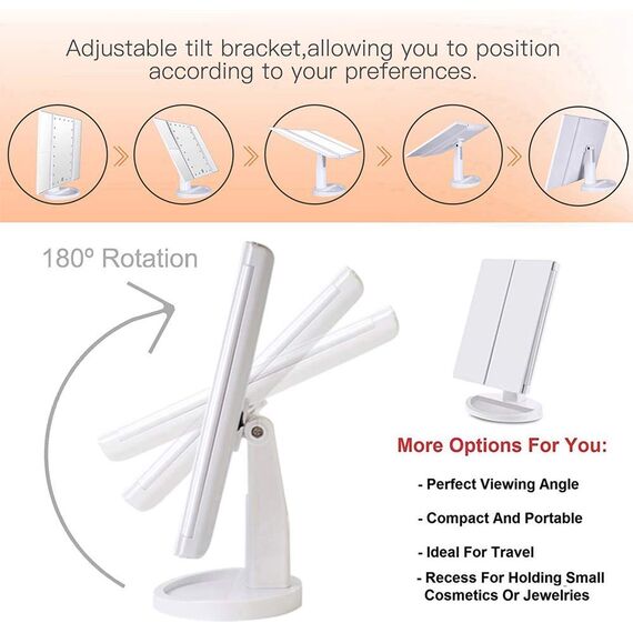 Nestling Make-up-Spiegel mit LED-Lichtern, 21 LED-Lichtern, Kosmetikspiegel mit Touchscreen, Vergrößerung dreifach faltbar, 180 ° freie Drehung, Dual-Netzteil LED-Spiegel (weiß)