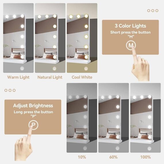 YOURLITE Hollywood Schminkspiegel mit Beleuchtung 50CM, 12 LED Dreifarbige Lichter sind dimmbar Touch Control Runden Hollywood Spiegel mit Beleuchtung für Schlafzimmer, 10X Vergrößerung (58x45)