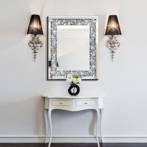 QMDECOR Rechteckiger, funkelnder, dekorativer Wandspiegel für Heimdekoration mit silberfarbenem Kristall-Crush-Diamant-Dekor, Maße: 40.6x50.8x2.5 cm, rahmenlose Spiegel, Glas-Diamant-Dekor.
