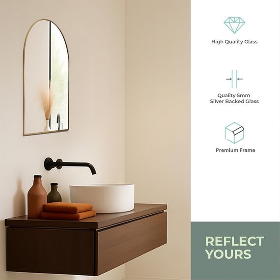 Neue Design Mood® Premium Arch Bathroom Mirror Gold Framed Wall Mounted, Arched Frame Modern & Stylish (70cm x 50cm)