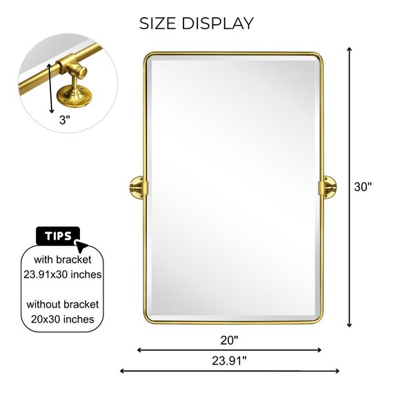 TEHOME 50,8 x 76,2 cm, schwenkbar, rechteckig, gebürstetes Gold, abgerundete Ecken, Metallrahmen, neigbar, abgeschrägter Wandspiegel
