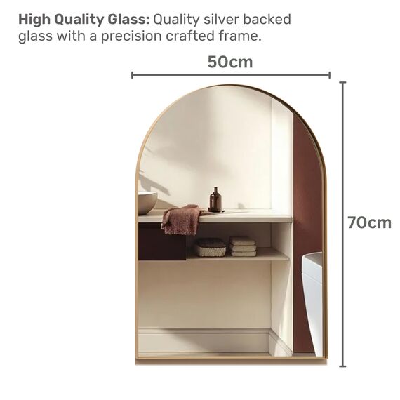 Neue Design Mood® Premium Arch Bathroom Mirror Gold Framed Wall Mounted, Recessed Arched Frame Modern & Stylish (70cm x 50cm)
