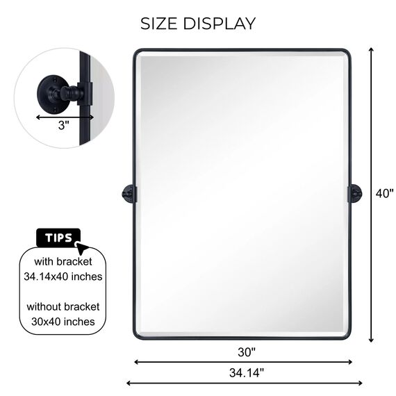 TEHOME 76,2 x 101,6 cm, Pivot Spiegel, Matt Schwarz, Neigen, Badezimmer Vanity Spiegel, Groß, Schwarzer Metallrahmen, Rechteck, Schwenkbar, Abgeschrägt, Vanity Spiegel für Wand, Vertikal, Hängend