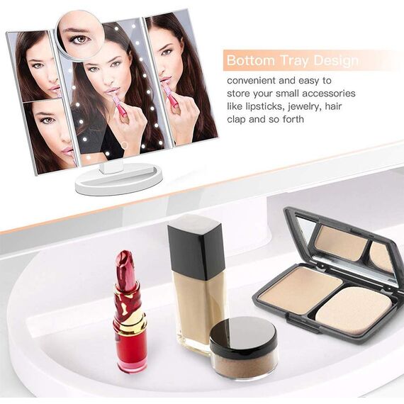 Nestling Make-up-Spiegel mit LED-Lichtern, 21 LED-Lichtern, Kosmetikspiegel mit Touchscreen, Vergrößerung dreifach faltbar, 180 ° freie Drehung, Dual-Netzteil LED-Spiegel (weiß)