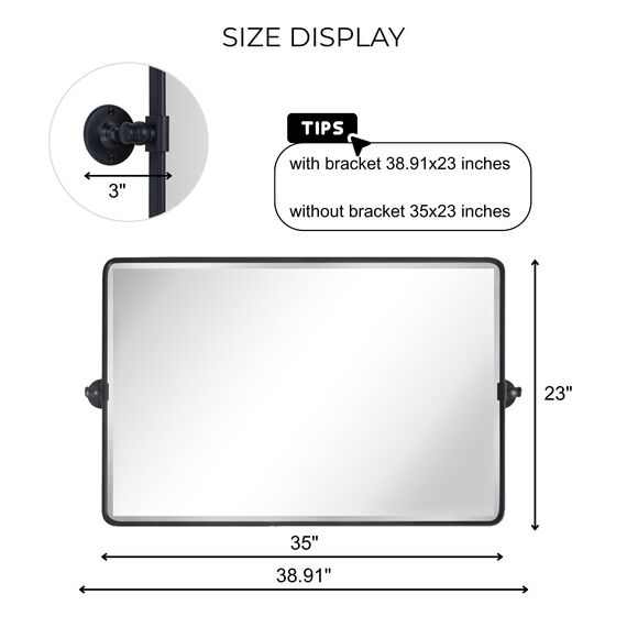 TEHOME 89,9 x 58,9 cm horizontaler Bauernhaus-Spiegel, mit schwarzem Metallrahmen, rechteckig, neigbar, abgeschrägte Kosmetikspiegel für die Wand